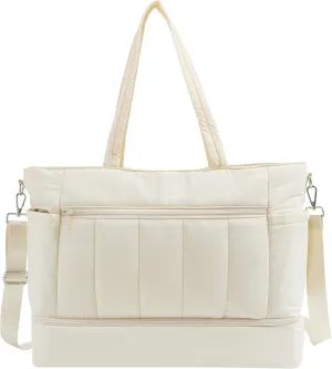 Weekender Bags for Women, Large Capacity Carry On Duffle Bag with Shoe Compartment & Wet Pocket - TSA-Approved Personal Item Bag for Air Travel, Gym, Hospital, Water-Resistant Puffer Tote (Beige)