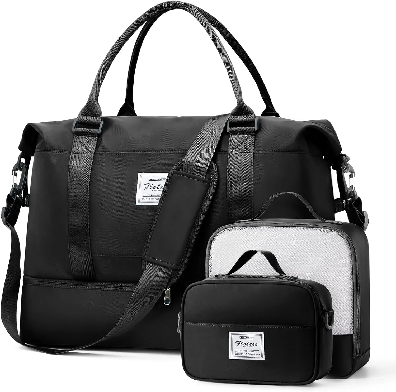 Weekender Bags for Women,Travel Duffel Bags with Shoe Compartment & Wet Pocket,Personal Item Travel Bag for Airlines,Carry on Overnight Tote Bag for women,3Pcs Set，Black
