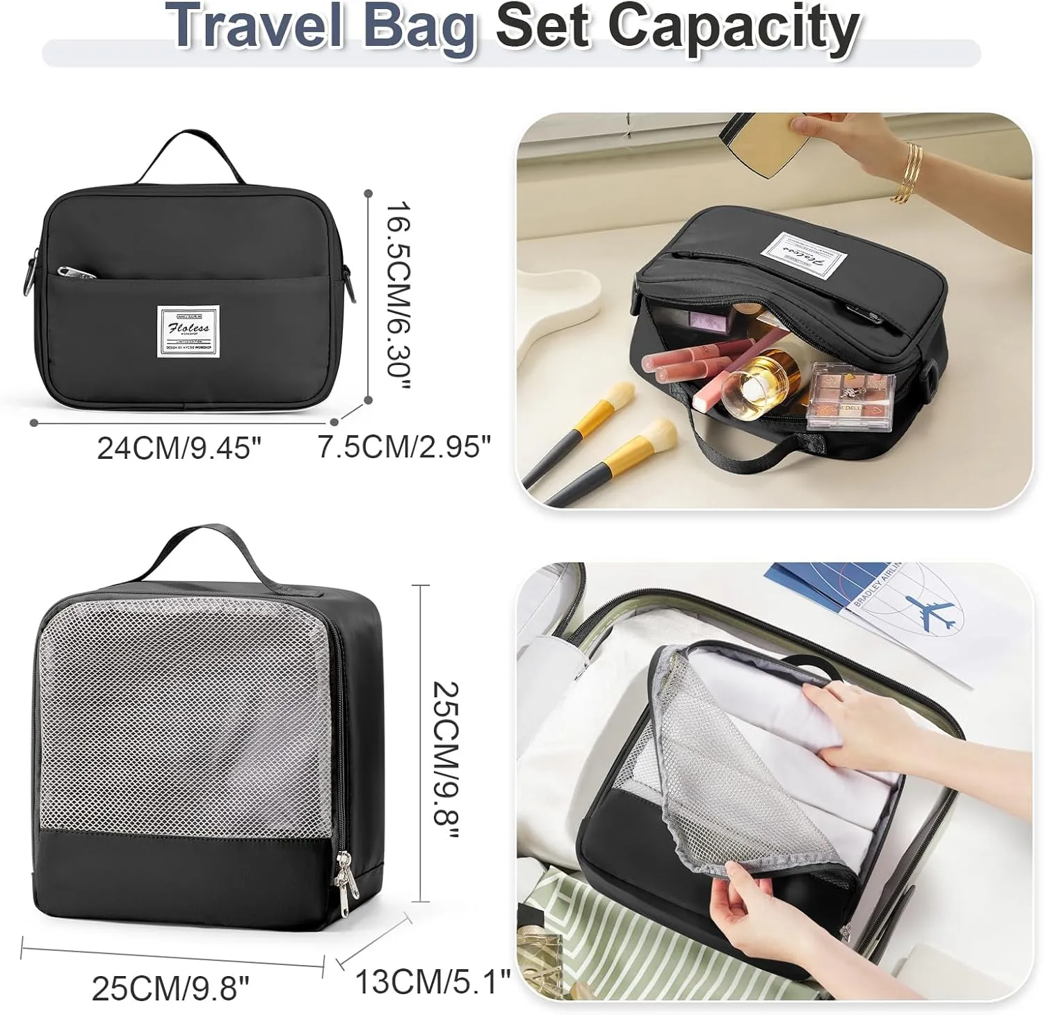 Weekender Bags for Women,Travel Duffel Bags with Shoe Compartment & Wet Pocket,Personal Item Travel Bag for Airlines,Carry on Overnight Tote Bag for women,3Pcs Set，Black