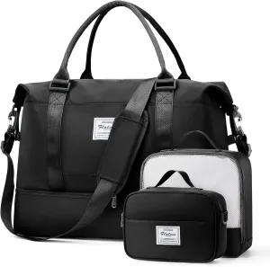 Weekender Bags for Women,Travel Duffel Bags with Shoe Compartment & Wet Pocket,Personal Item Travel Bag for Airlines,Carry on Overnight Tote Bag for women,3Pcs Set，Black