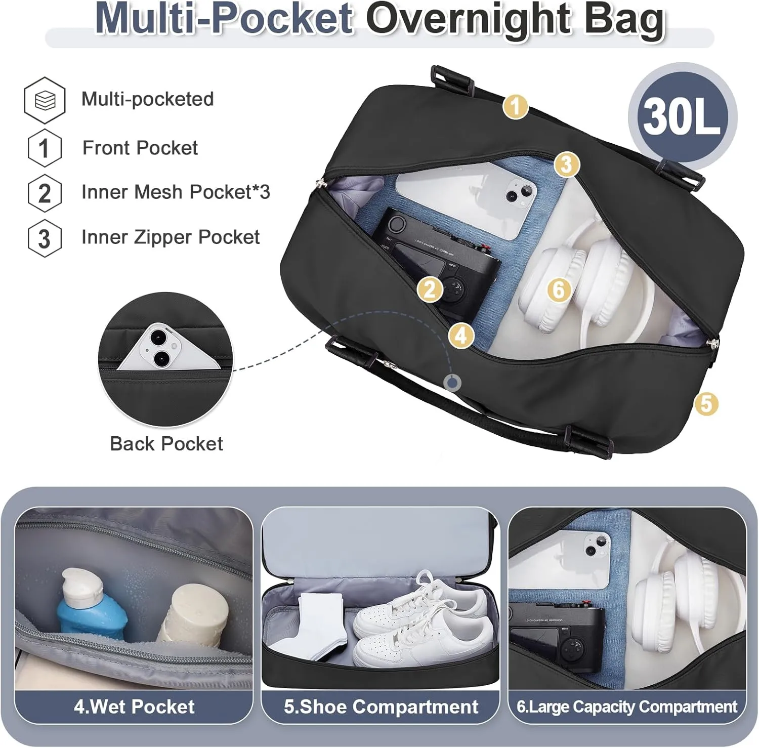 Weekender Bags for Women,Travel Duffel Bags with Shoe Compartment & Wet Pocket,Personal Item Travel Bag for Airlines,Carry on Overnight Tote Bag for women,3Pcs Set，Black