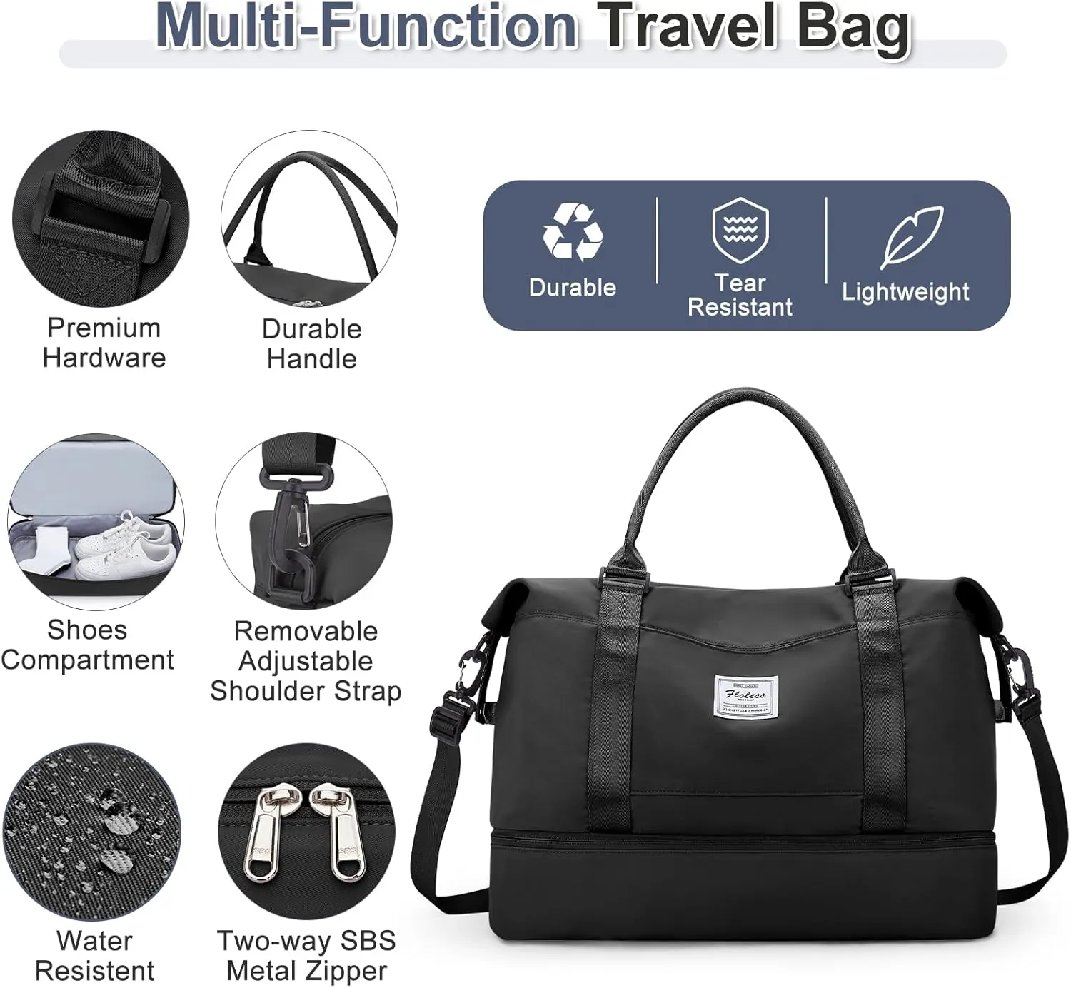 Weekender Bags for Women,Travel Duffel Bags with Shoe Compartment & Wet Pocket,Personal Item Travel Bag for Airlines,Carry on Overnight Tote Bag for women,3Pcs Set，Black