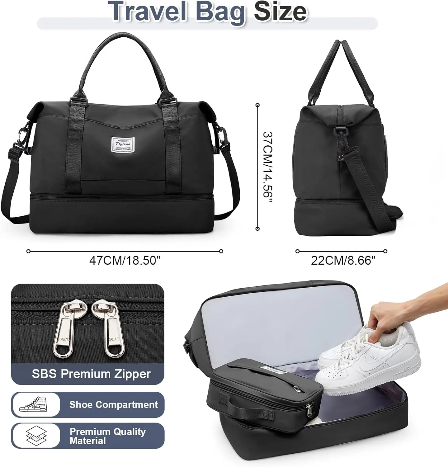 Weekender Bags for Women,Travel Duffel Bags with Shoe Compartment & Wet Pocket,Personal Item Travel Bag for Airlines,Carry on Overnight Tote Bag for women,3Pcs Set，Black
