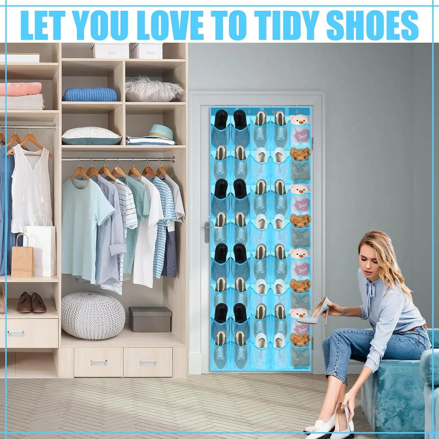 Windyun 40 Large Over the Door Hanging Shoe Organizer Sky Blue Mesh Pockets Shoe Rack for Closet Behind Door Hanger Storage Holder Nonslip for Cruise Essentials, Dorm Room Storage, Utility Room