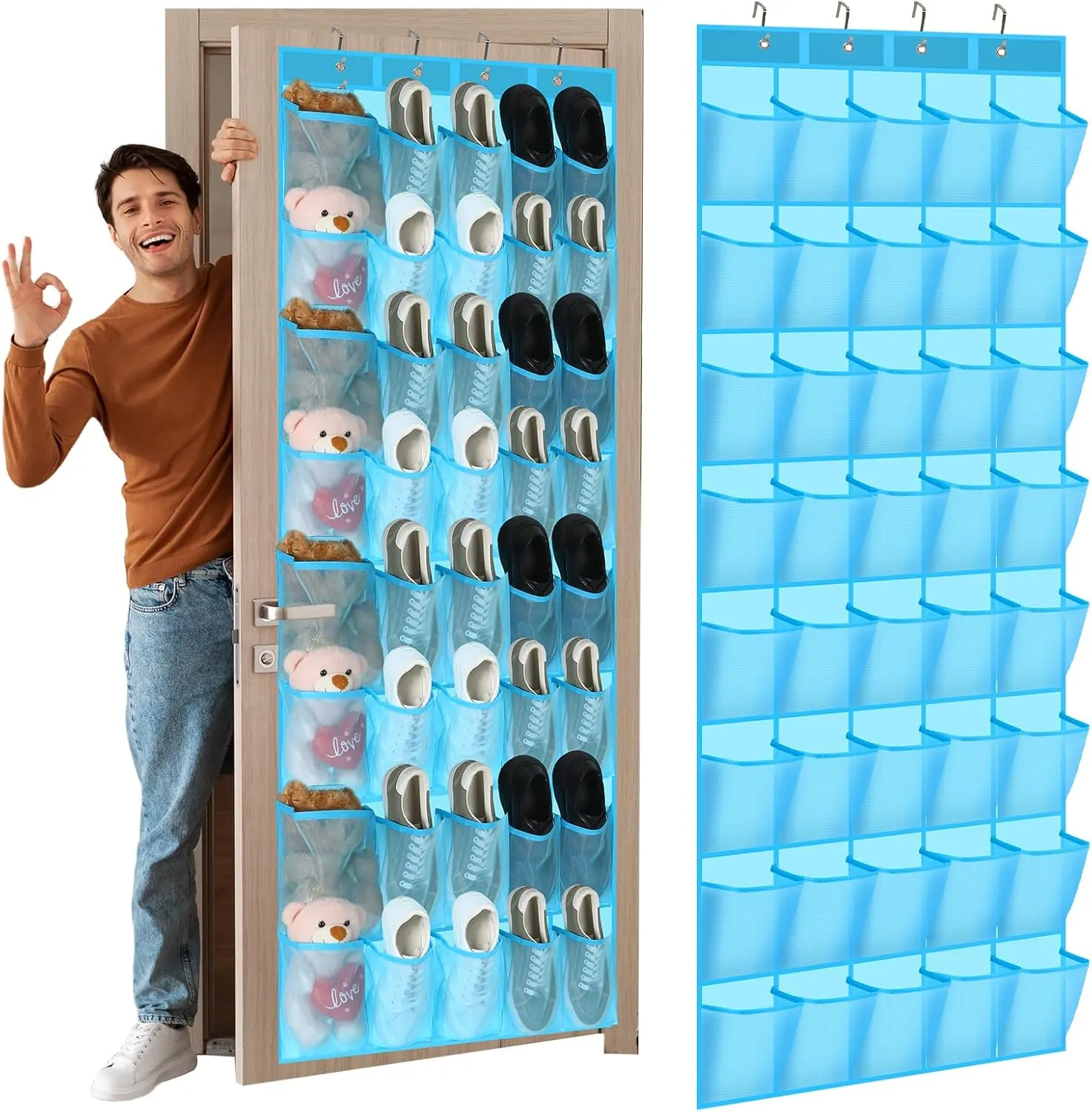 Windyun 40 Large Over the Door Hanging Shoe Organizer Sky Blue Mesh Pockets Shoe Rack for Closet Behind Door Hanger Storage Holder Nonslip for Cruise Essentials, Dorm Room Storage, Utility Room