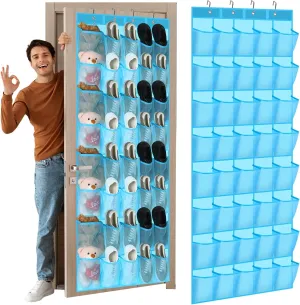 Windyun 40 Large Over the Door Hanging Shoe Organizer Sky Blue Mesh Pockets Shoe Rack for Closet Behind Door Hanger Storage Holder Nonslip for Cruise Essentials, Dorm Room Storage, Utility Room