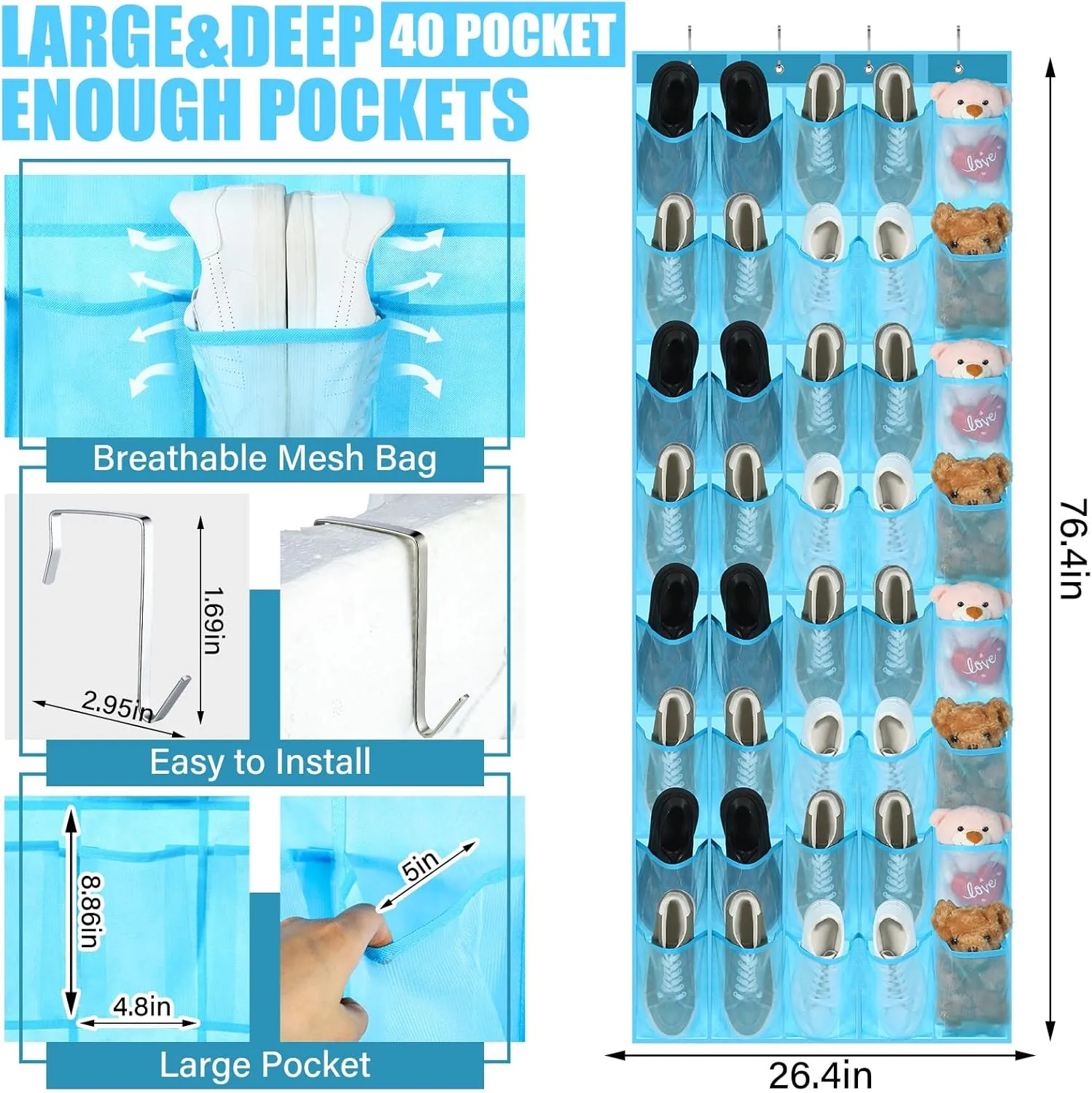 Windyun 40 Large Over the Door Hanging Shoe Organizer Sky Blue Mesh Pockets Shoe Rack for Closet Behind Door Hanger Storage Holder Nonslip for Cruise Essentials, Dorm Room Storage, Utility Room