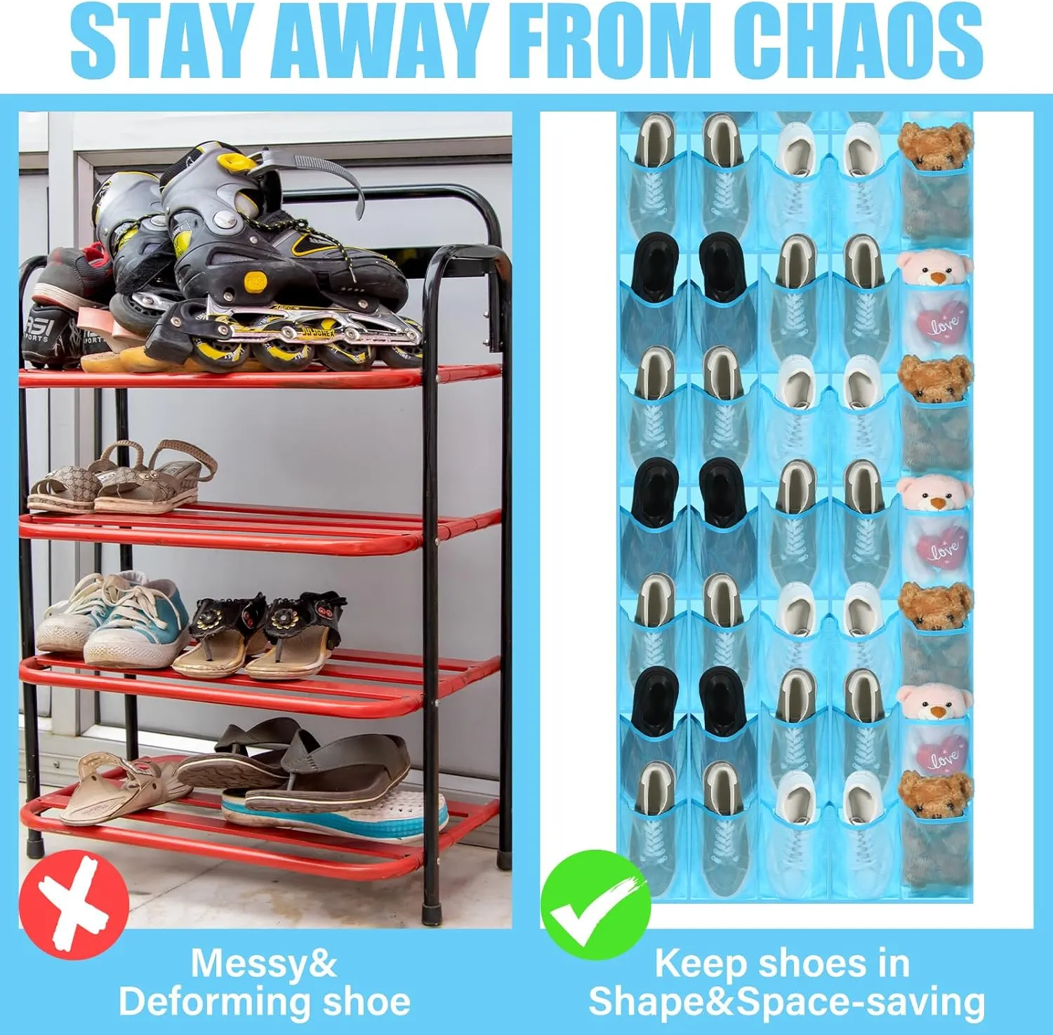 Windyun 40 Large Over the Door Hanging Shoe Organizer Sky Blue Mesh Pockets Shoe Rack for Closet Behind Door Hanger Storage Holder Nonslip for Cruise Essentials, Dorm Room Storage, Utility Room