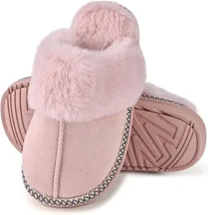 Winter Plush House Slippers for Women, Anti-Skid Cozy Warm with Faux Fur Collar Hard Sole Suede Shoes