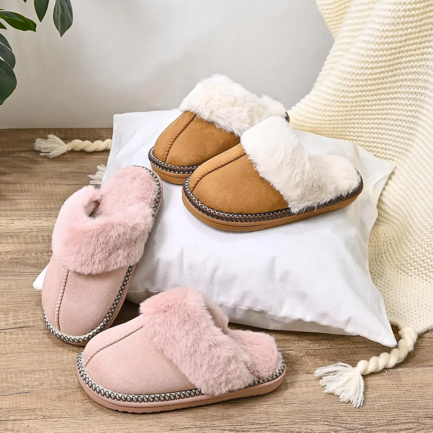 Winter Plush House Slippers for Women, Anti-Skid Cozy Warm with Faux Fur Collar Hard Sole Suede Shoes