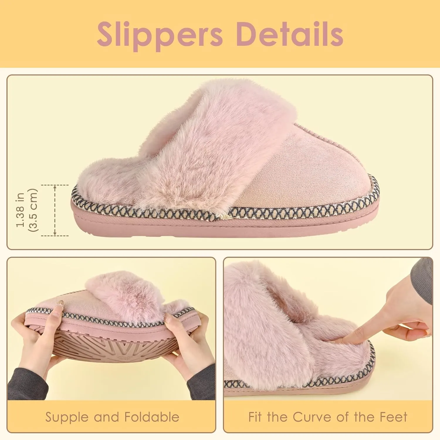 Winter Plush House Slippers for Women, Anti-Skid Cozy Warm with Faux Fur Collar Hard Sole Suede Shoes