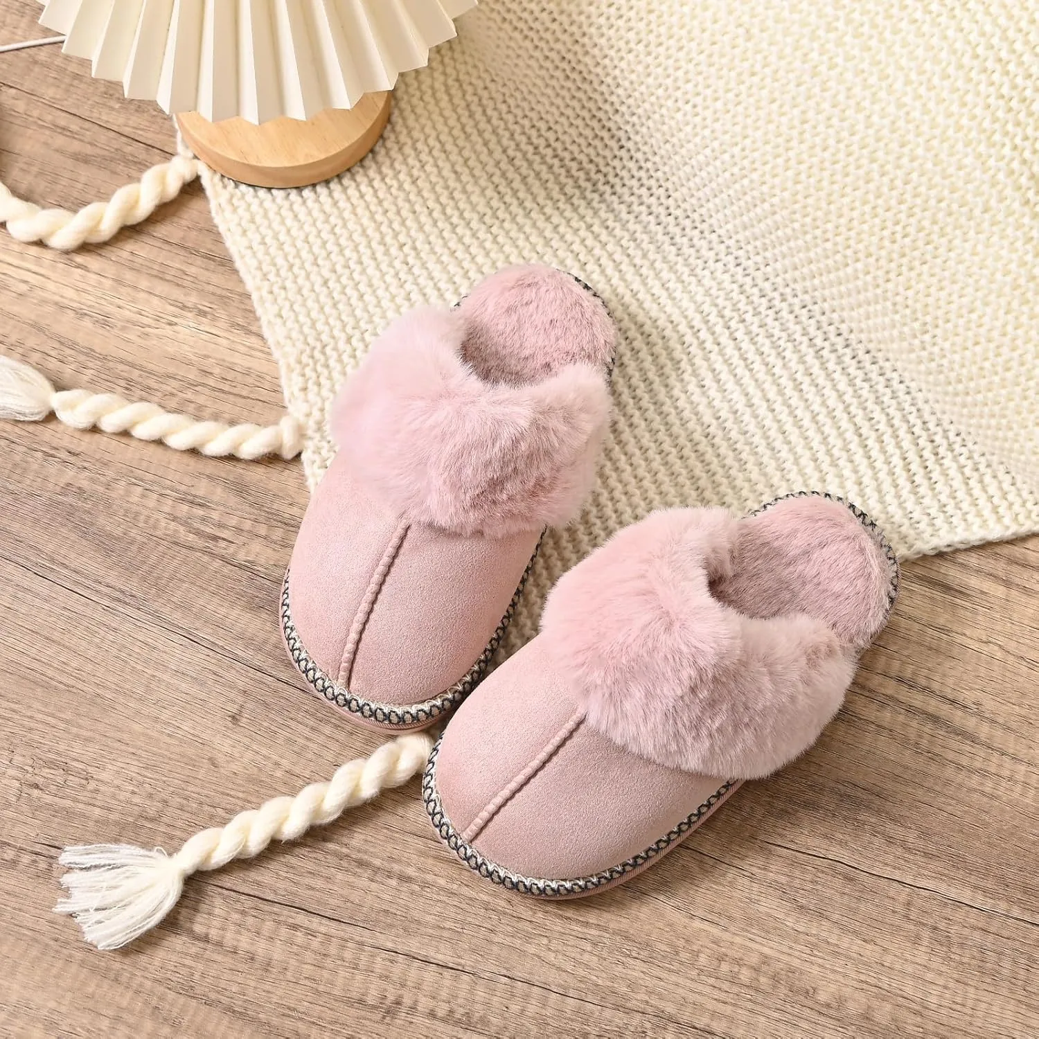 Winter Plush House Slippers for Women, Anti-Skid Cozy Warm with Faux Fur Collar Hard Sole Suede Shoes