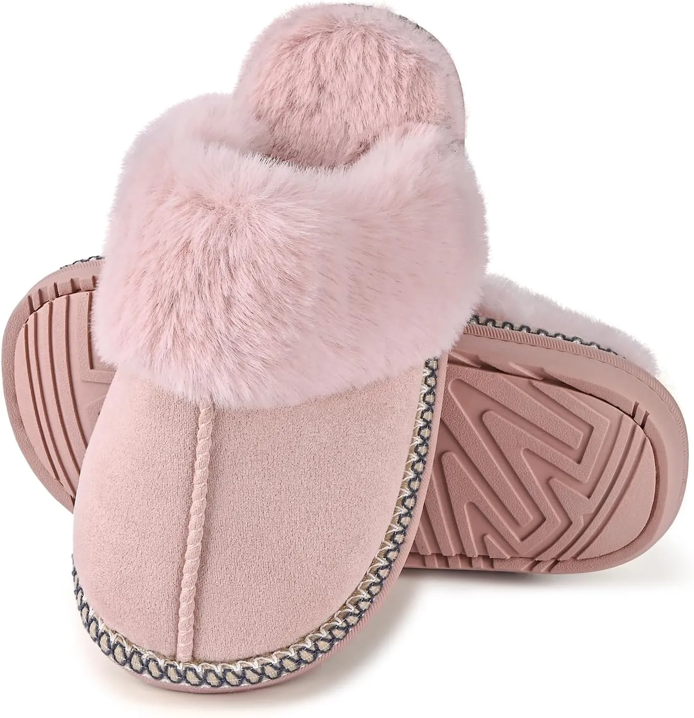 Winter Plush House Slippers for Women, Anti-Skid Cozy Warm with Faux Fur Collar Hard Sole Suede Shoes