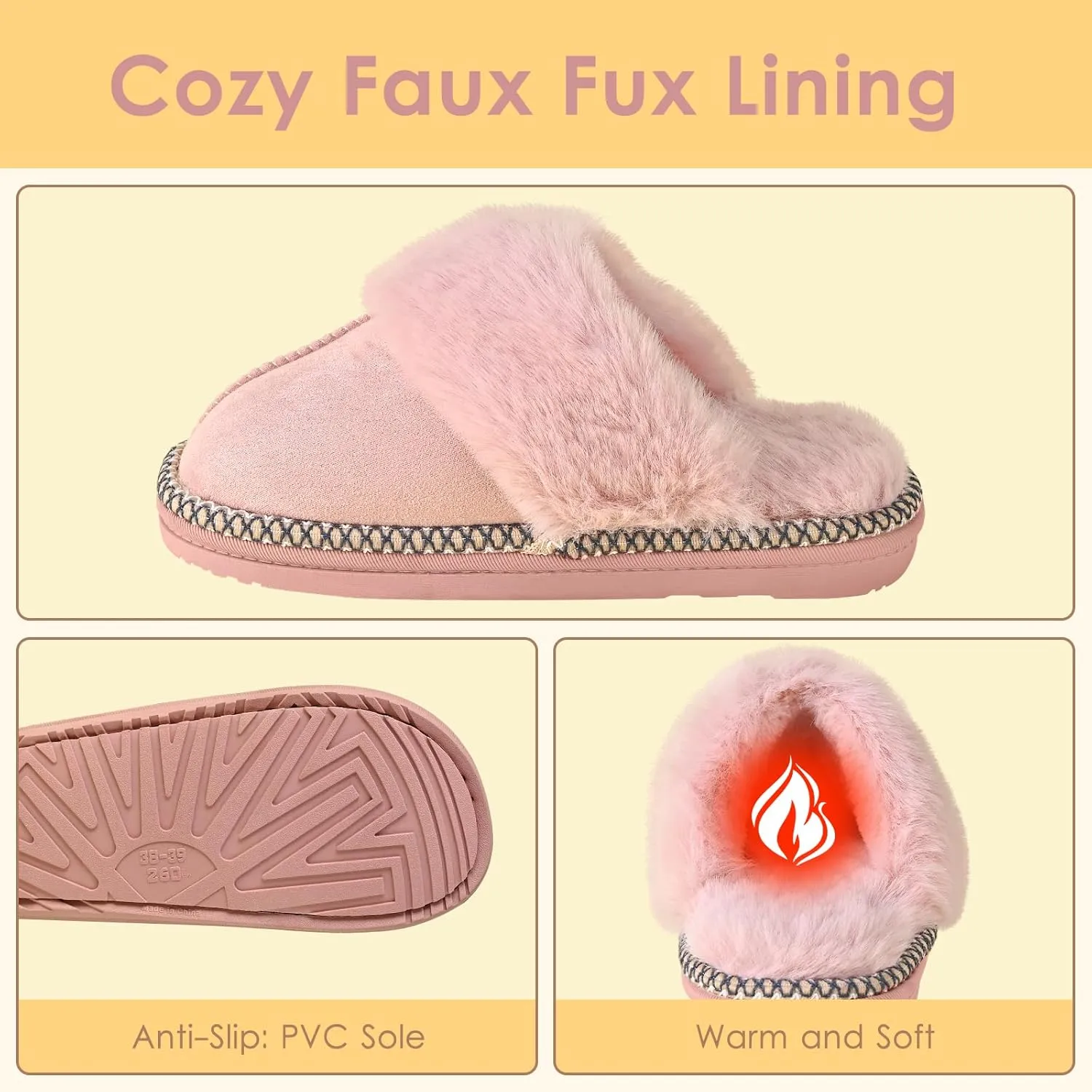 Winter Plush House Slippers for Women, Anti-Skid Cozy Warm with Faux Fur Collar Hard Sole Suede Shoes