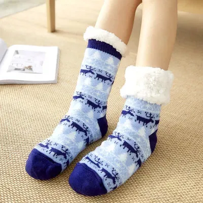 Winter Warm Socks Women Plush Soft Female Non Grip Floor Slippers  Fuzzy Fluffy Deer Elk Warm Socks One Size