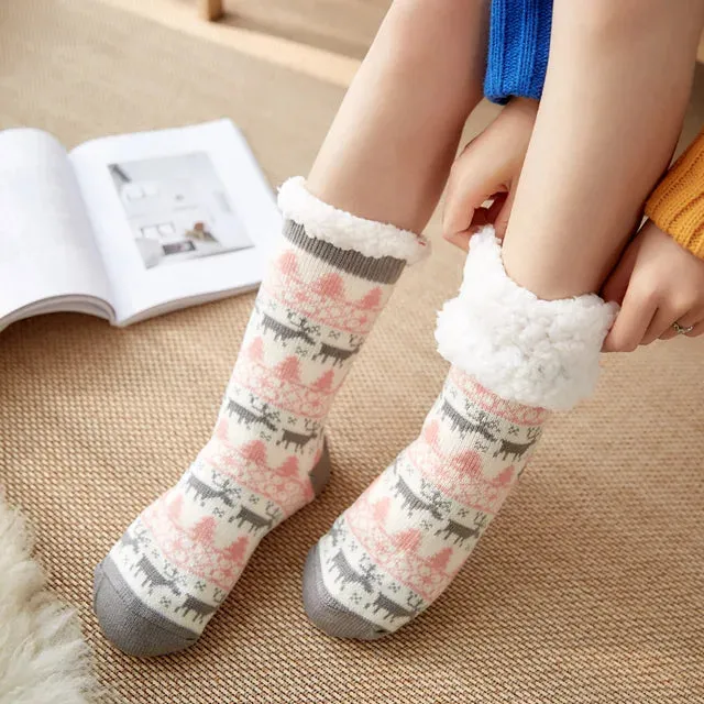 Winter Warm Socks Women Plush Soft Female Non Grip Floor Slippers  Fuzzy Fluffy Deer Elk Warm Socks One Size