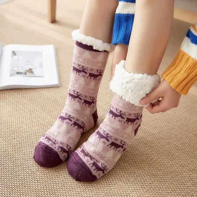 Winter Warm Socks Women Plush Soft Female Non Grip Floor Slippers  Fuzzy Fluffy Deer Elk Warm Socks One Size