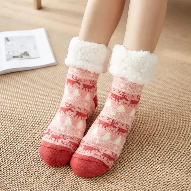 Winter Warm Socks Women Plush Soft Female Non Grip Floor Slippers  Fuzzy Fluffy Deer Elk Warm Socks One Size