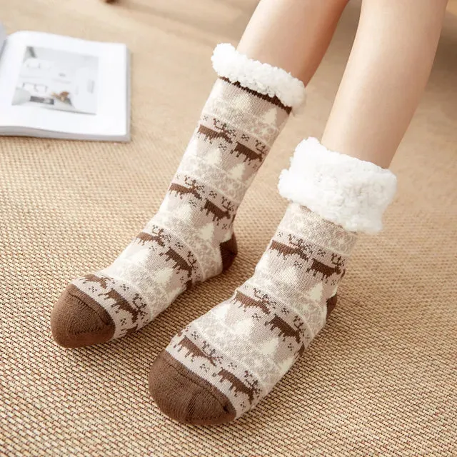 Winter Warm Socks Women Plush Soft Female Non Grip Floor Slippers  Fuzzy Fluffy Deer Elk Warm Socks One Size