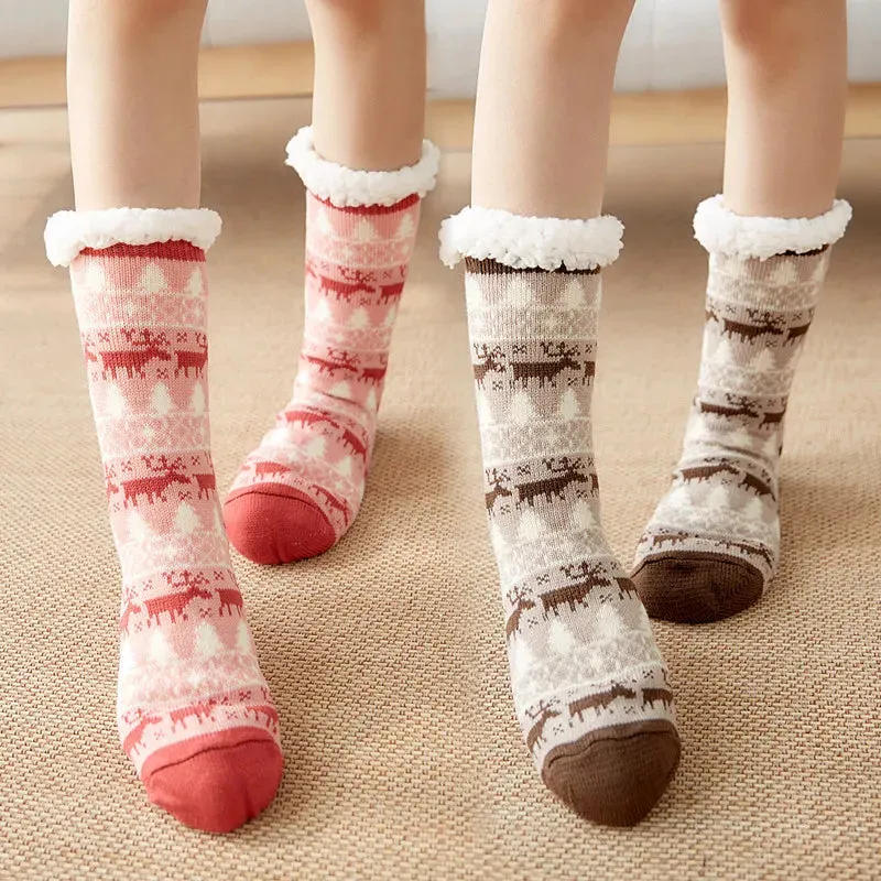 Winter Warm Socks Women Plush Soft Female Non Grip Floor Slippers  Fuzzy Fluffy Deer Elk Warm Socks One Size