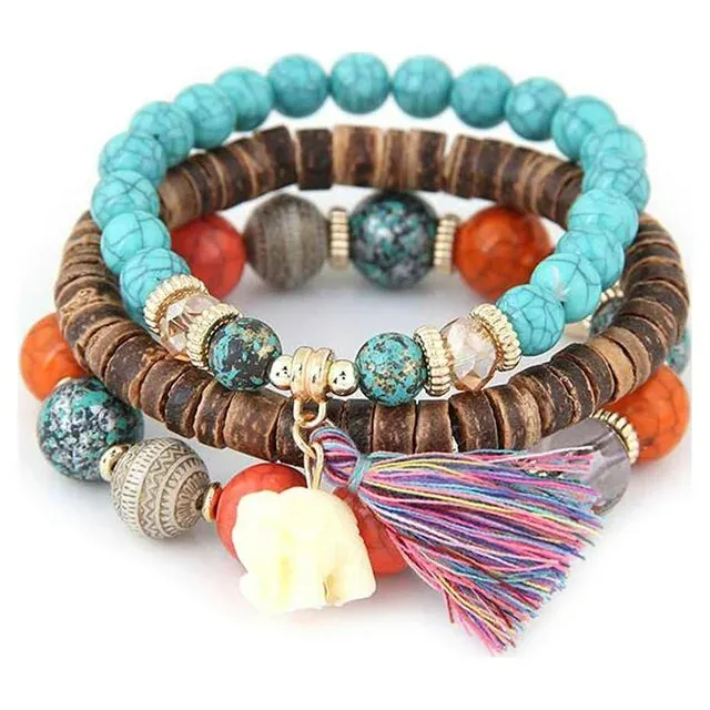 Women Wood Beads Bracelets Boho Small Elephant Charm Bracelets Set Vintage Style Jewelry GlSTE