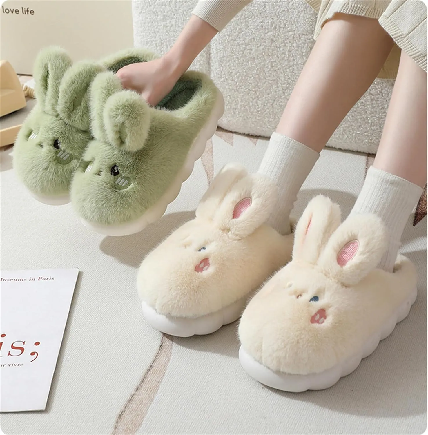 Women's & Men's Warm Plush Rabbit Slippers - Adult Cotton Indoor Non-Slip Home Thick Bottom Slippers for Winter Warmth