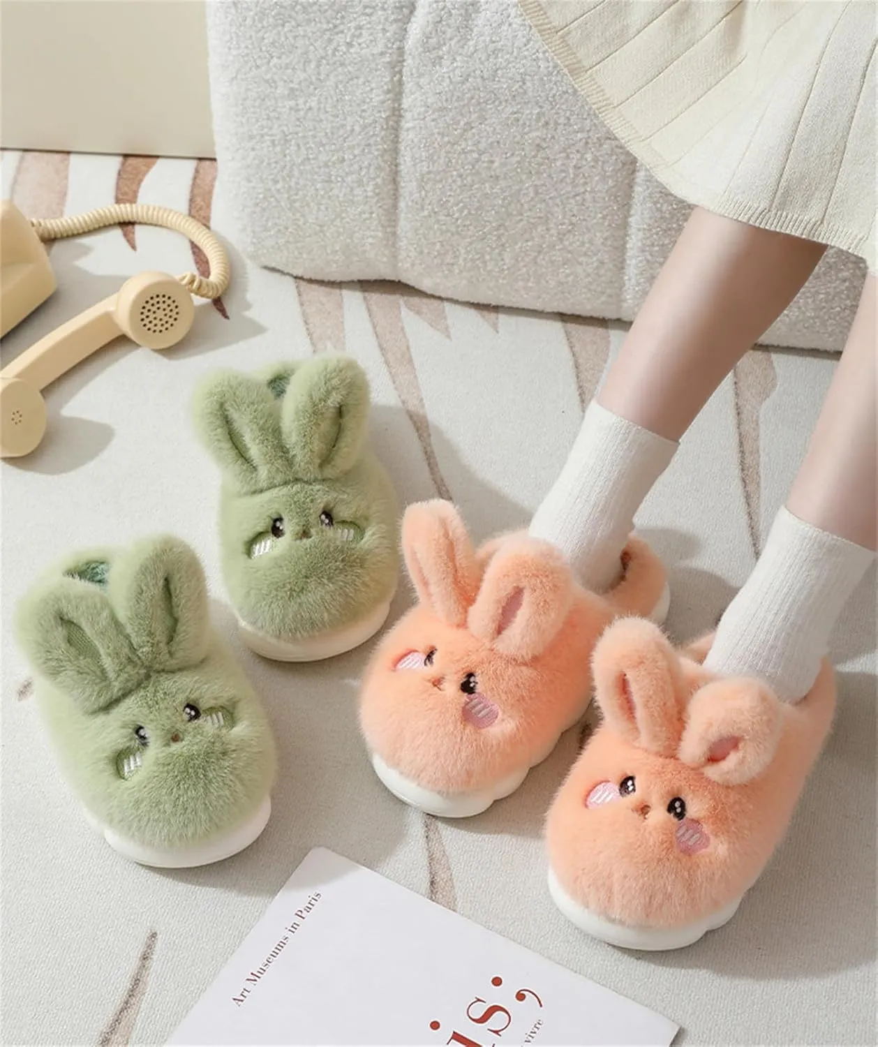 Women's & Men's Warm Plush Rabbit Slippers - Adult Cotton Indoor Non-Slip Home Thick Bottom Slippers for Winter Warmth
