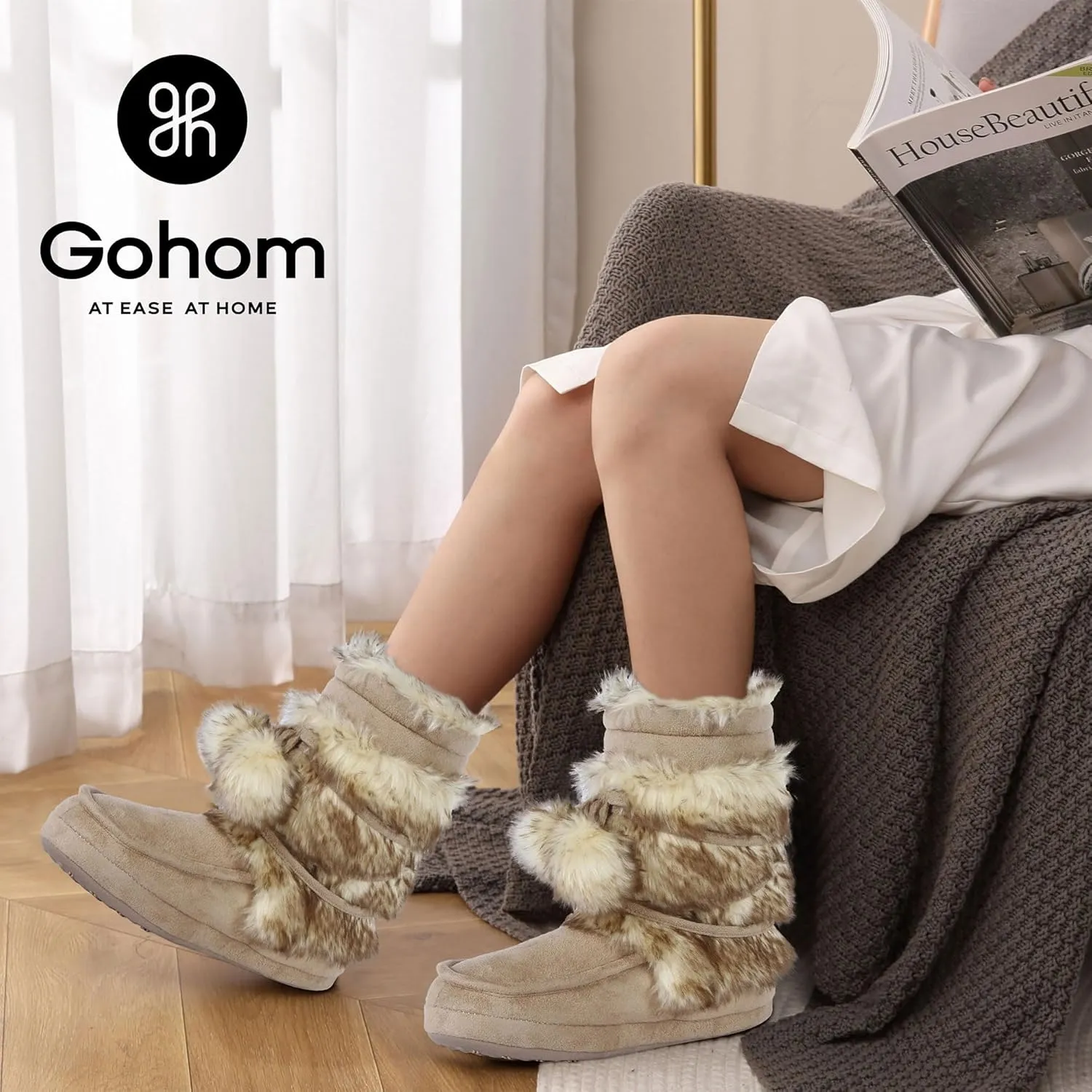 Women's Boots Slippers Fuzzy Warm Memory Foam Indoor House Shoes Booties Slippers with Non-slip Rubber Soles