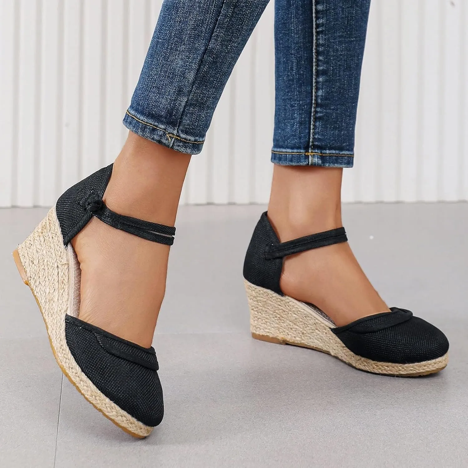 Womens Closed Toe Elastic Ankle Strap Espadrilles Wedge Sandals Hollow Out Platform Wedge Sandals Casual Shoes
