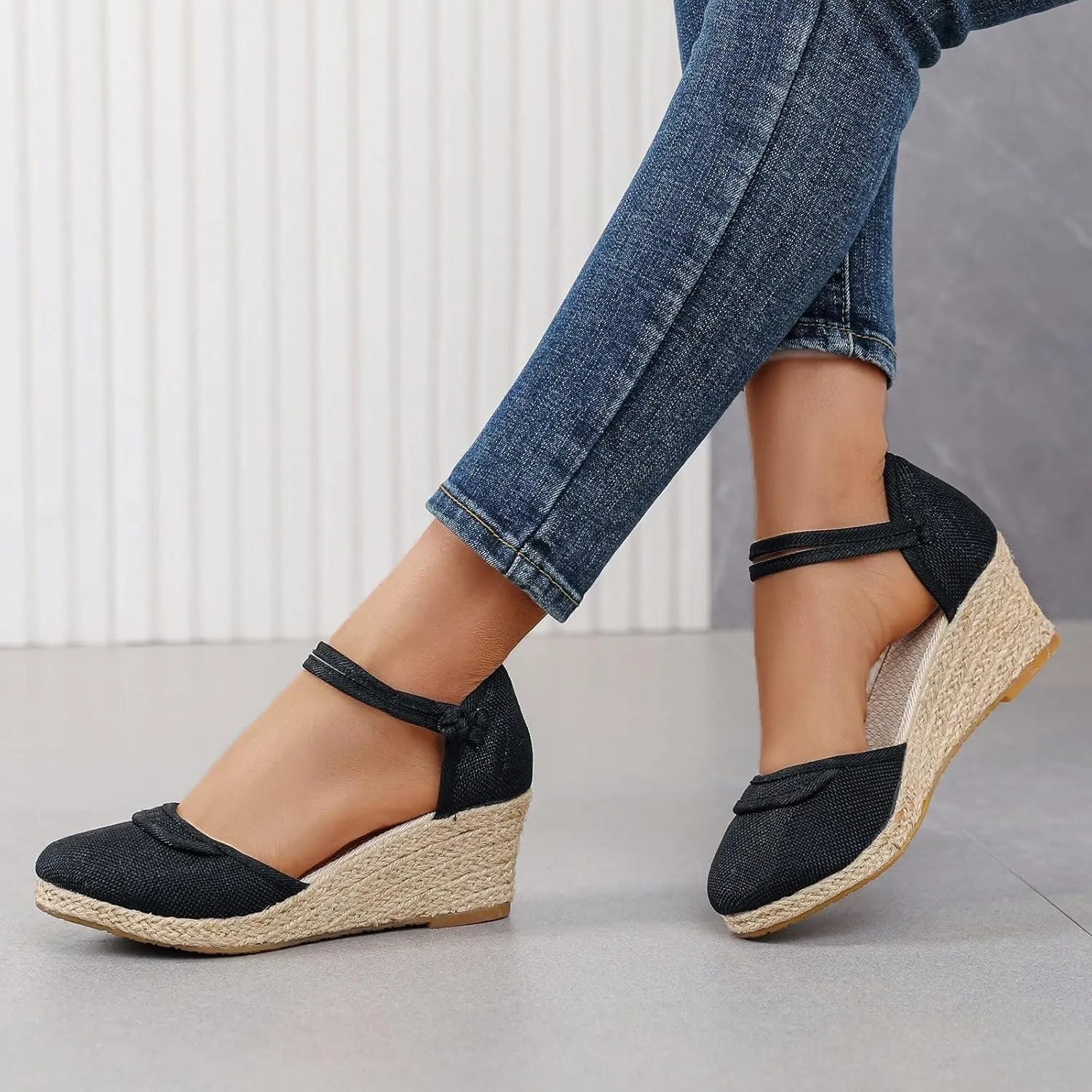 Womens Closed Toe Elastic Ankle Strap Espadrilles Wedge Sandals Hollow Out Platform Wedge Sandals Casual Shoes