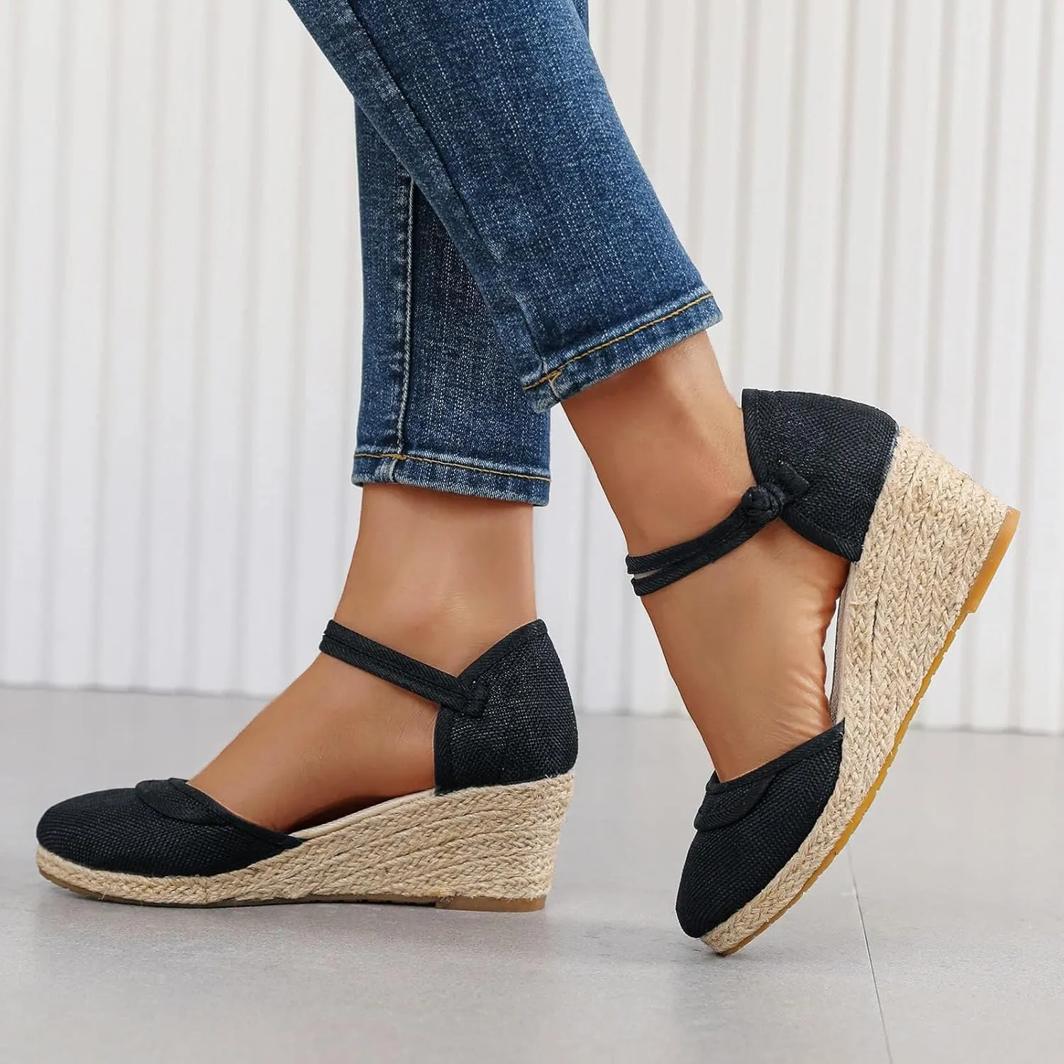 Womens Closed Toe Elastic Ankle Strap Espadrilles Wedge Sandals Hollow Out Platform Wedge Sandals Casual Shoes