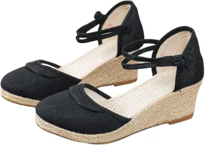 Womens Closed Toe Elastic Ankle Strap Espadrilles Wedge Sandals Hollow Out Platform Wedge Sandals Casual Shoes