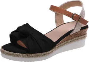 Women's Colorblock Braided Wedge Sandal Bowknot Embellished Thick Strappy Shoe Hook and Eye High Heel Platform Shoes