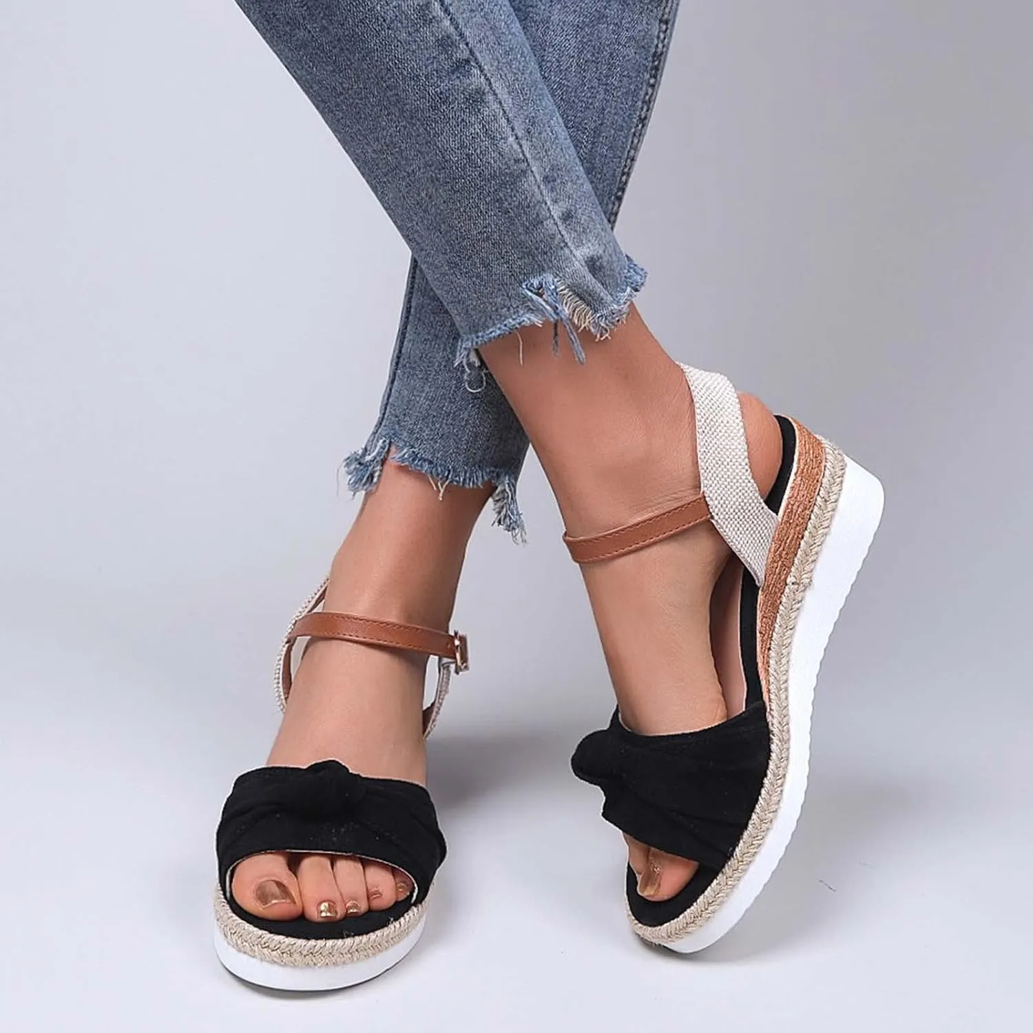 Women's Colorblock Braided Wedge Sandal Bowknot Embellished Thick Strappy Shoe Hook and Eye High Heel Platform Shoes
