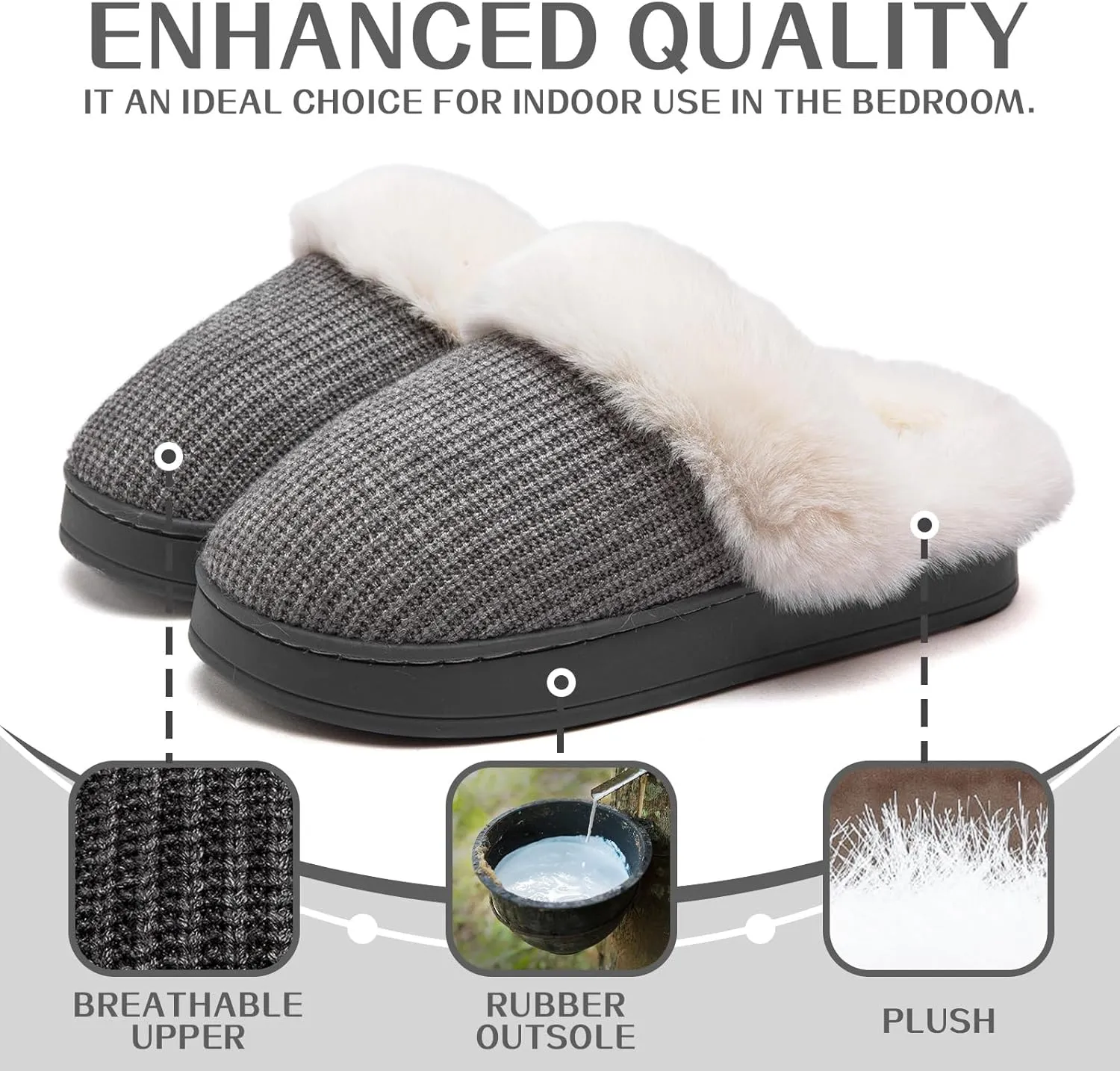 Women's Cotton Slippers - Cozy Memory Foam, Anti-Skid Rubber Sole, Fuzzy, Comfortable, Warm, Scuff Slippers - Slip-On Winter, Non-Slip Indoor/Outdoor Suitable For Women