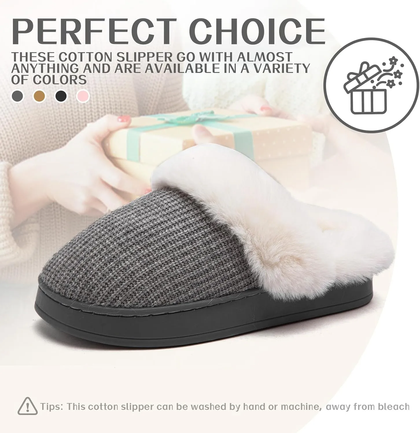 Women's Cotton Slippers - Cozy Memory Foam, Anti-Skid Rubber Sole, Fuzzy, Comfortable, Warm, Scuff Slippers - Slip-On Winter, Non-Slip Indoor/Outdoor Suitable For Women