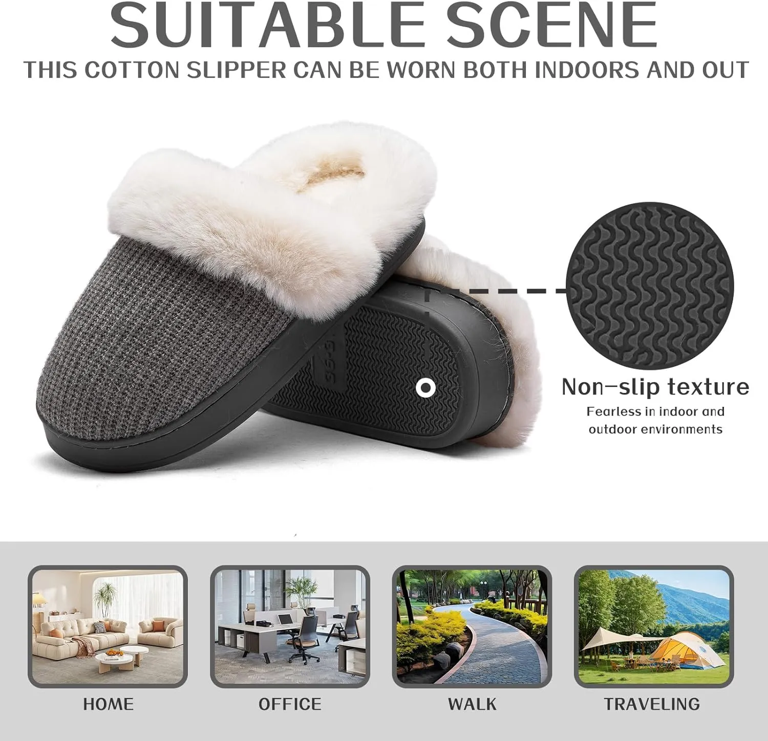 Women's Cotton Slippers - Cozy Memory Foam, Anti-Skid Rubber Sole, Fuzzy, Comfortable, Warm, Scuff Slippers - Slip-On Winter, Non-Slip Indoor/Outdoor Suitable For Women