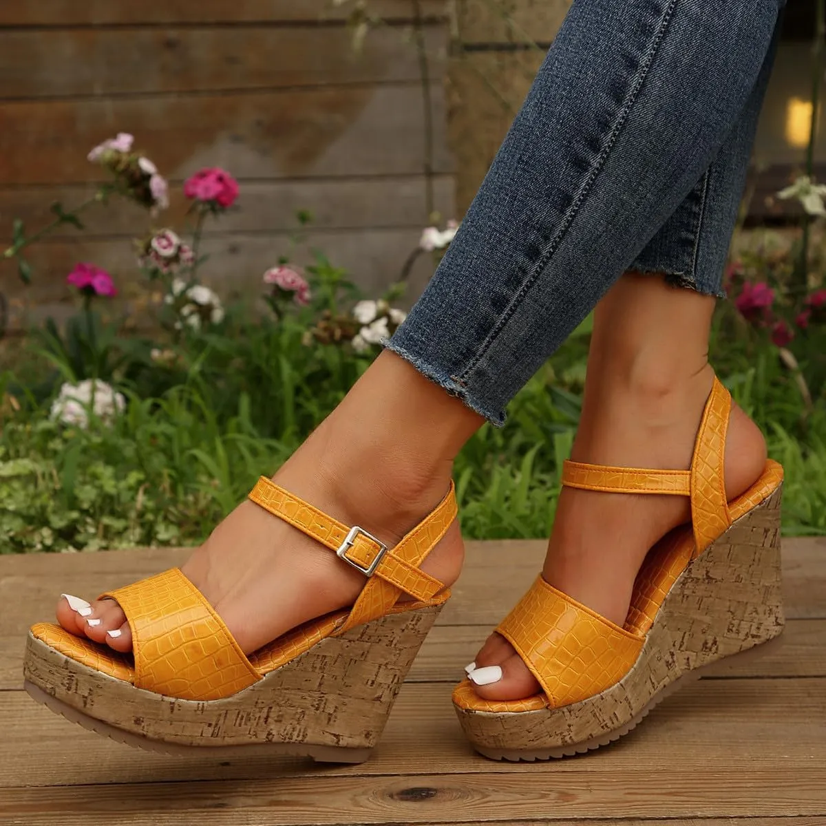 Women's Crocodile pattern Sandal Hook and Loop Wedge Sandals Thick Strappy Platform Shoe Anti-Slip Elegant High Heel