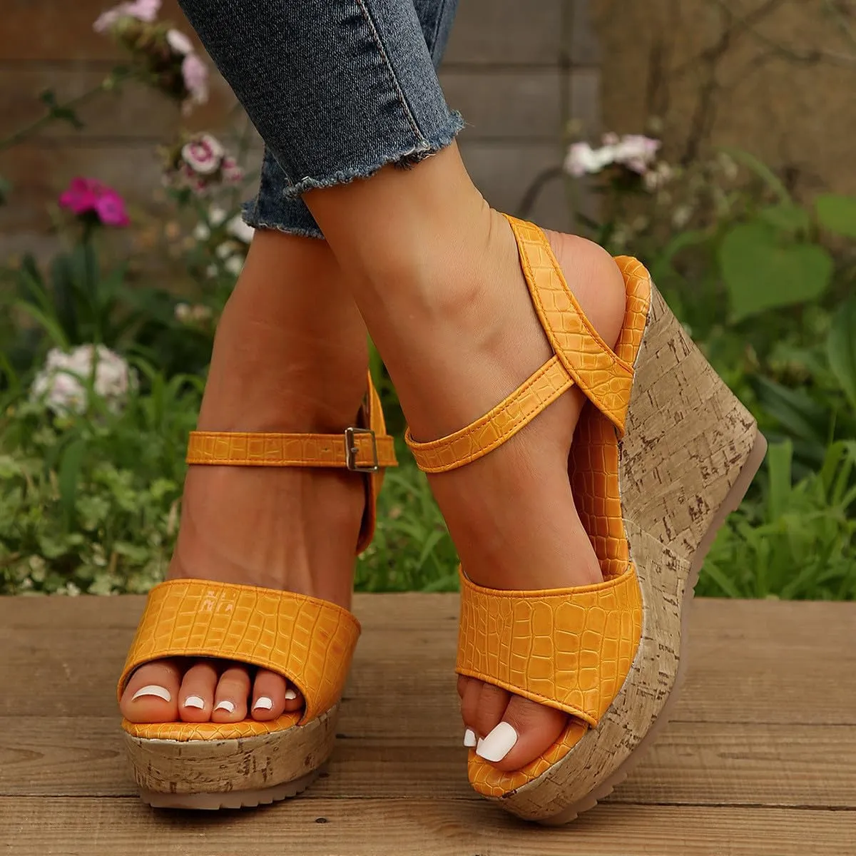 Women's Crocodile pattern Sandal Hook and Loop Wedge Sandals Thick Strappy Platform Shoe Anti-Slip Elegant High Heel