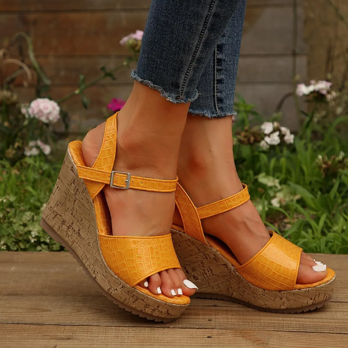 Women's Crocodile pattern Sandal Hook and Loop Wedge Sandals Thick Strappy Platform Shoe Anti-Slip Elegant High Heel