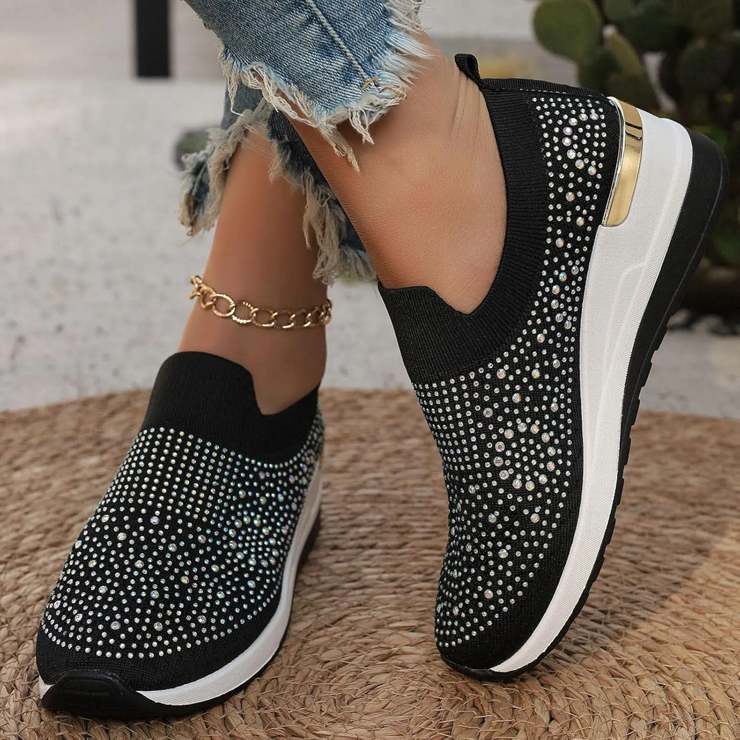 Women's Fashion Glitter Sneakers Platform Wedge Shoes Sparkly Rhinestone Mesh Slip-on Sneakers Breathable Spakle Shoes