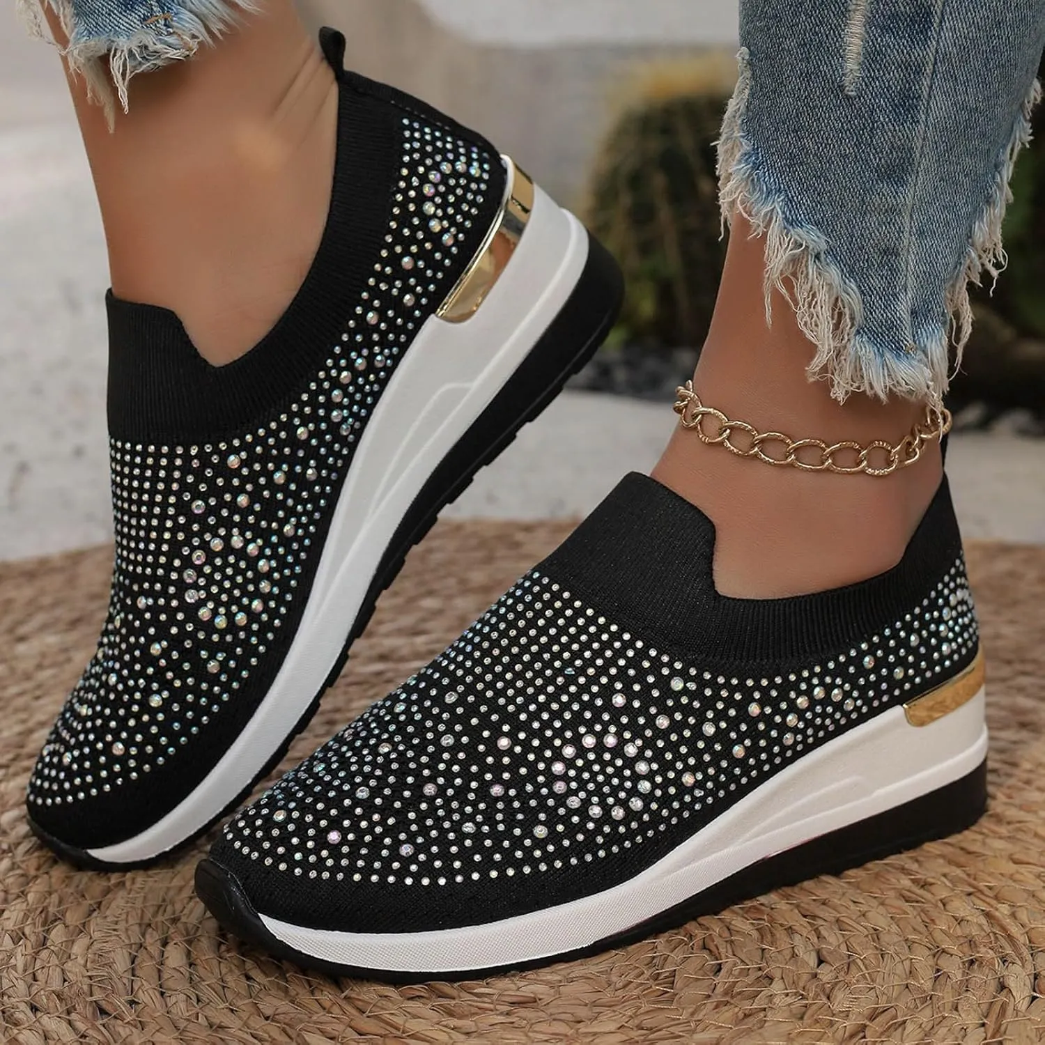 Women's Fashion Glitter Sneakers Platform Wedge Shoes Sparkly Rhinestone Mesh Slip-on Sneakers Breathable Spakle Shoes