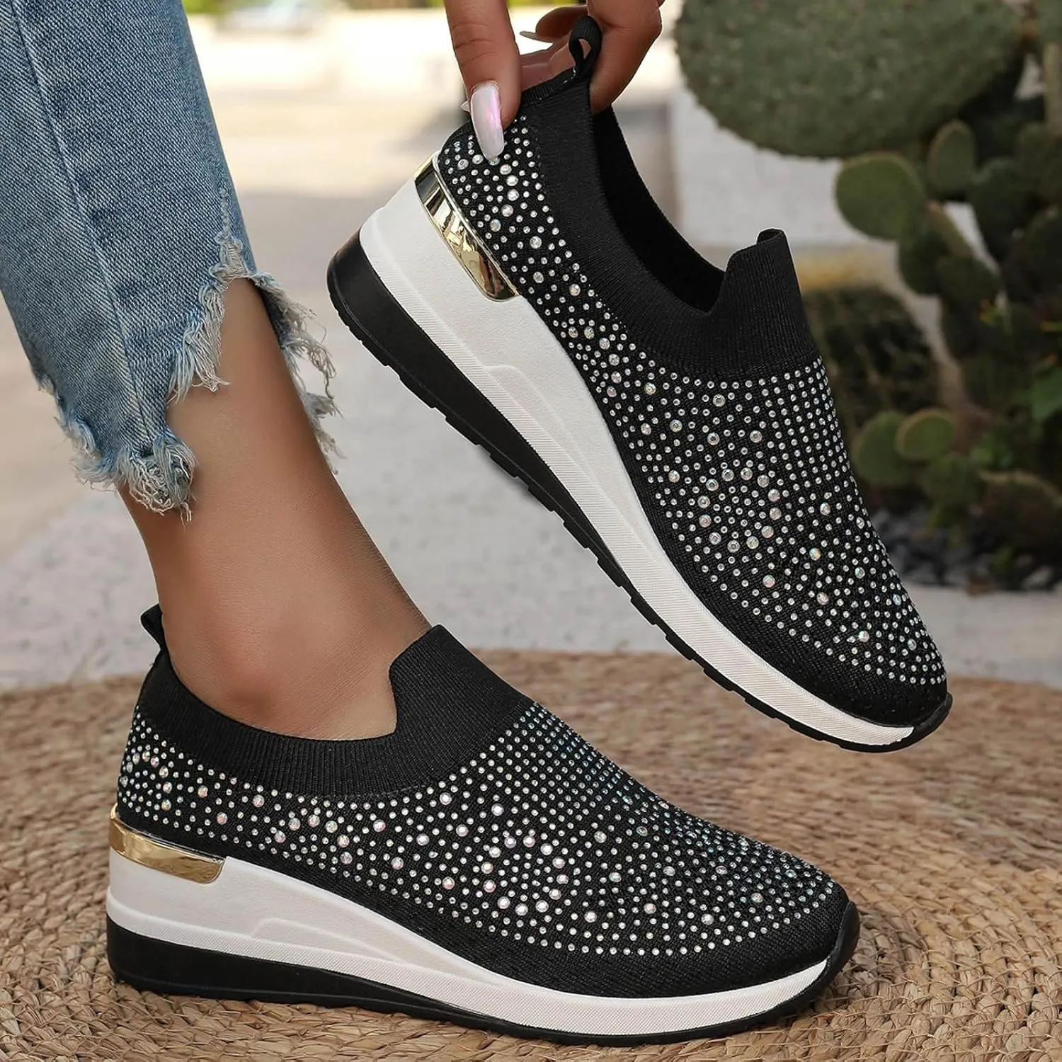 Women's Fashion Glitter Sneakers Platform Wedge Shoes Sparkly Rhinestone Mesh Slip-on Sneakers Breathable Spakle Shoes