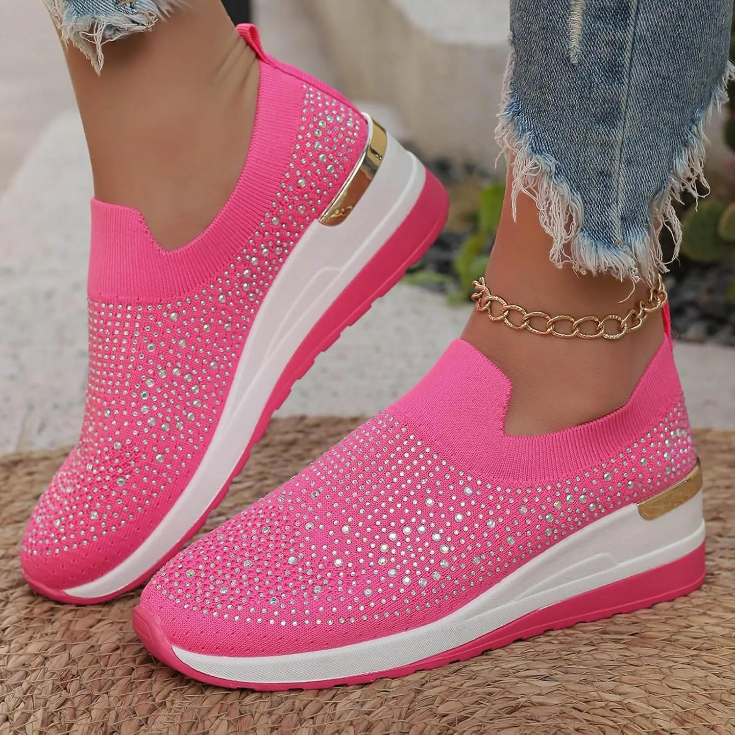 Women's Fashion Glitter Sneakers Platform Wedge Shoes Sparkly Rhinestone Mesh Slip-on Sneakers Breathable Spakle Shoes