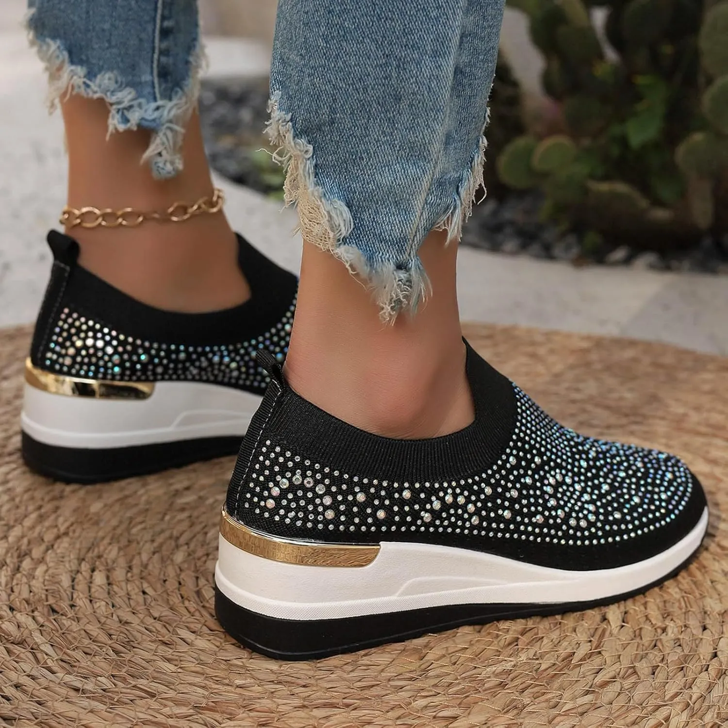 Women's Fashion Glitter Sneakers Platform Wedge Shoes Sparkly Rhinestone Mesh Slip-on Sneakers Breathable Spakle Shoes