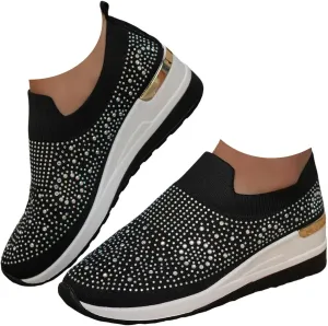 Women's Fashion Glitter Sneakers Platform Wedge Shoes Sparkly Rhinestone Mesh Slip-on Sneakers Breathable Spakle Shoes