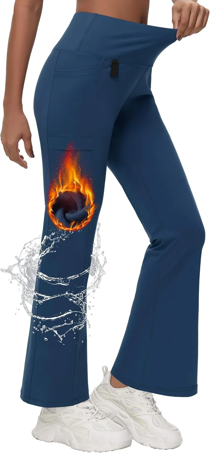 Women's Fleece Lined Flare Leggings Winter Warm Water Resistant Pants Outdoor Hiking Thermal Scrub Snow Travel Bootcut Pant