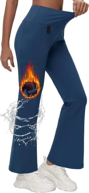 Women's Fleece Lined Flare Leggings Winter Warm Water Resistant Pants Outdoor Hiking Thermal Scrub Snow Travel Bootcut Pant