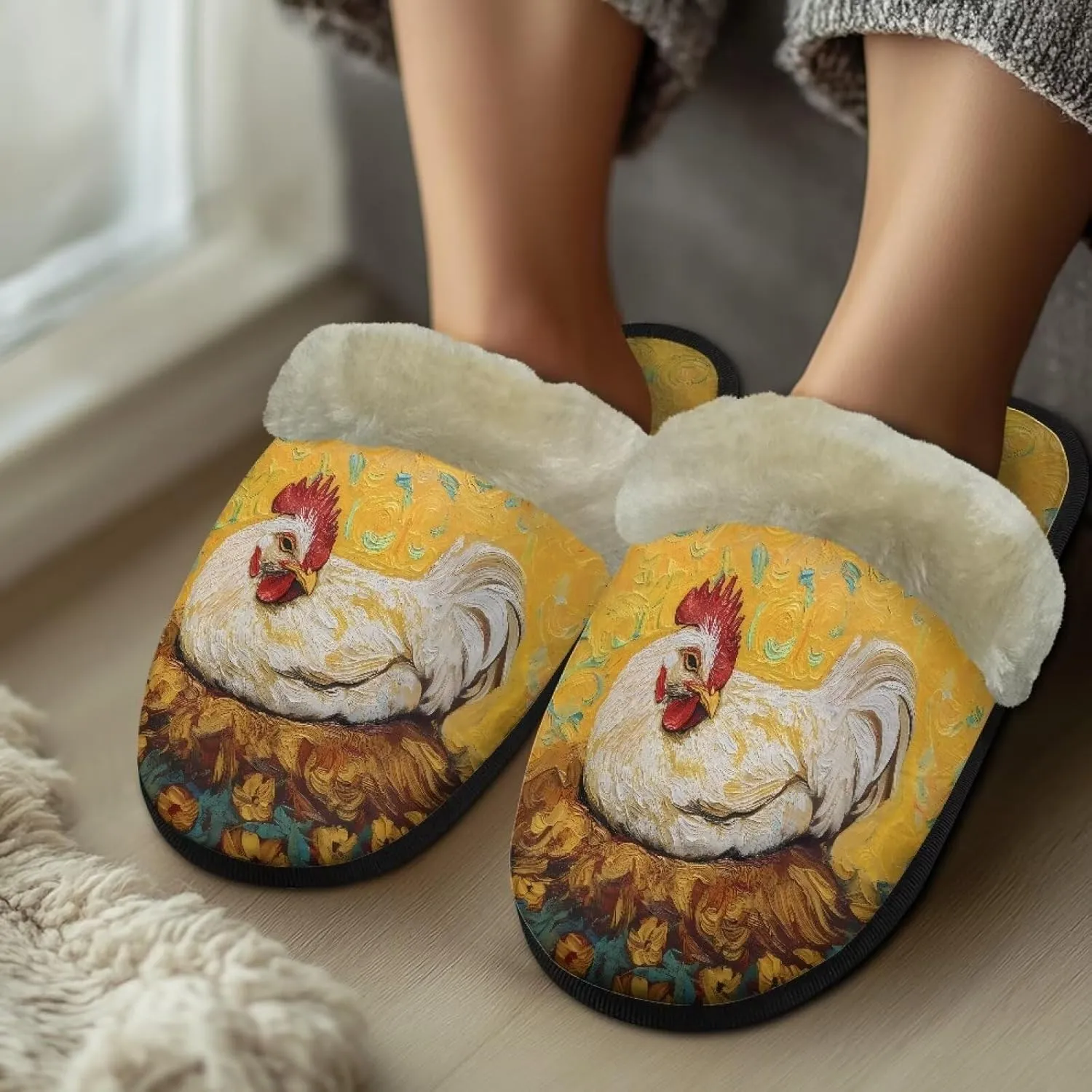 Women's Fluffy Plush Slippers Oil Painting Style House Slippers Winter Warm Fuzzy Shoes Lightweight Soft Cotton Shoes