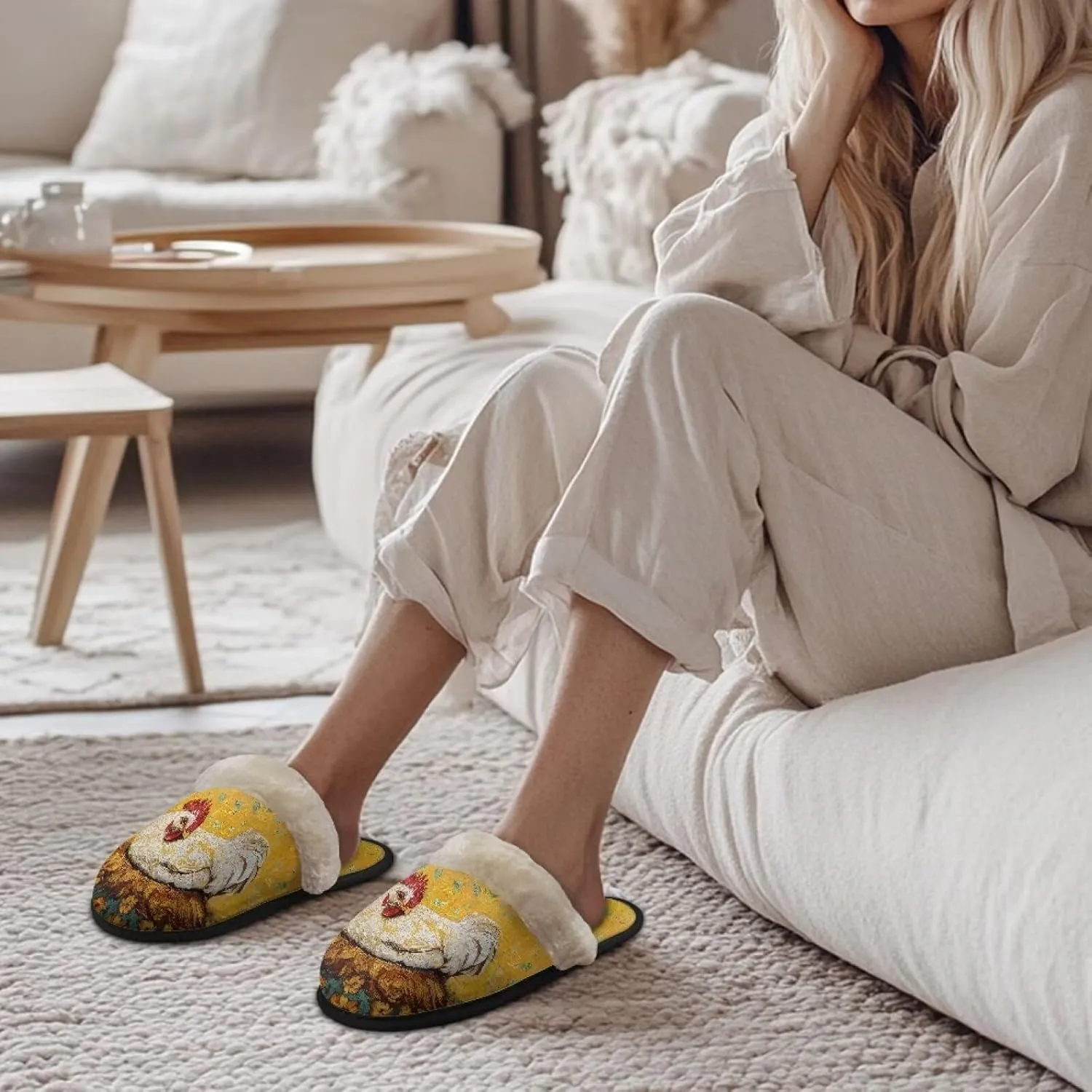 Women's Fluffy Plush Slippers Oil Painting Style House Slippers Winter Warm Fuzzy Shoes Lightweight Soft Cotton Shoes